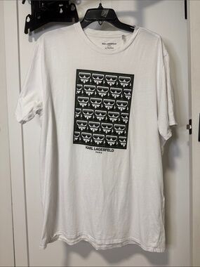 Karl Lagerfeld White Tee with Black and Green Graphic Grid
